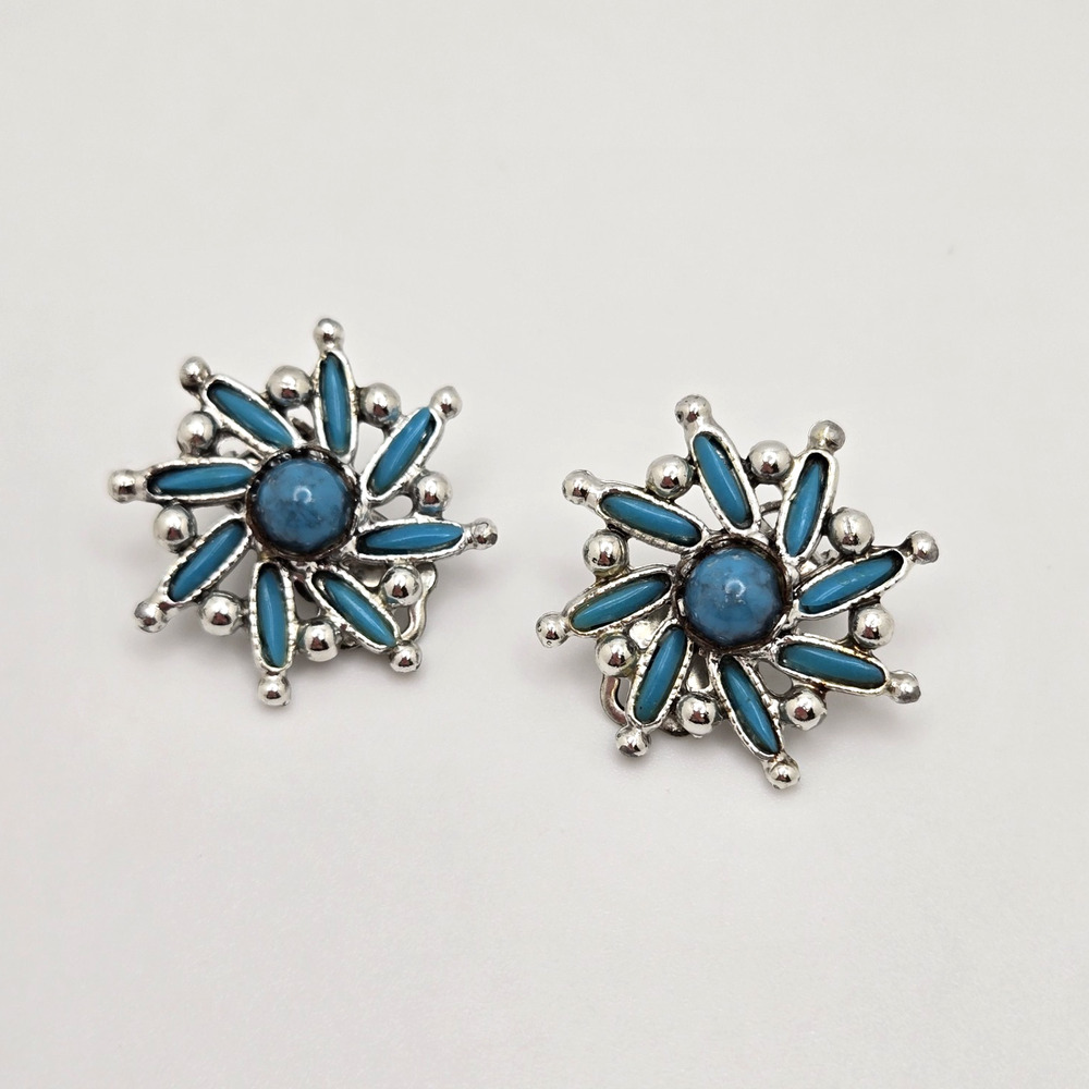 Vintage Earrings Faux Turquoise Silvertone Clip On Retro Southwestern Aztec Boho